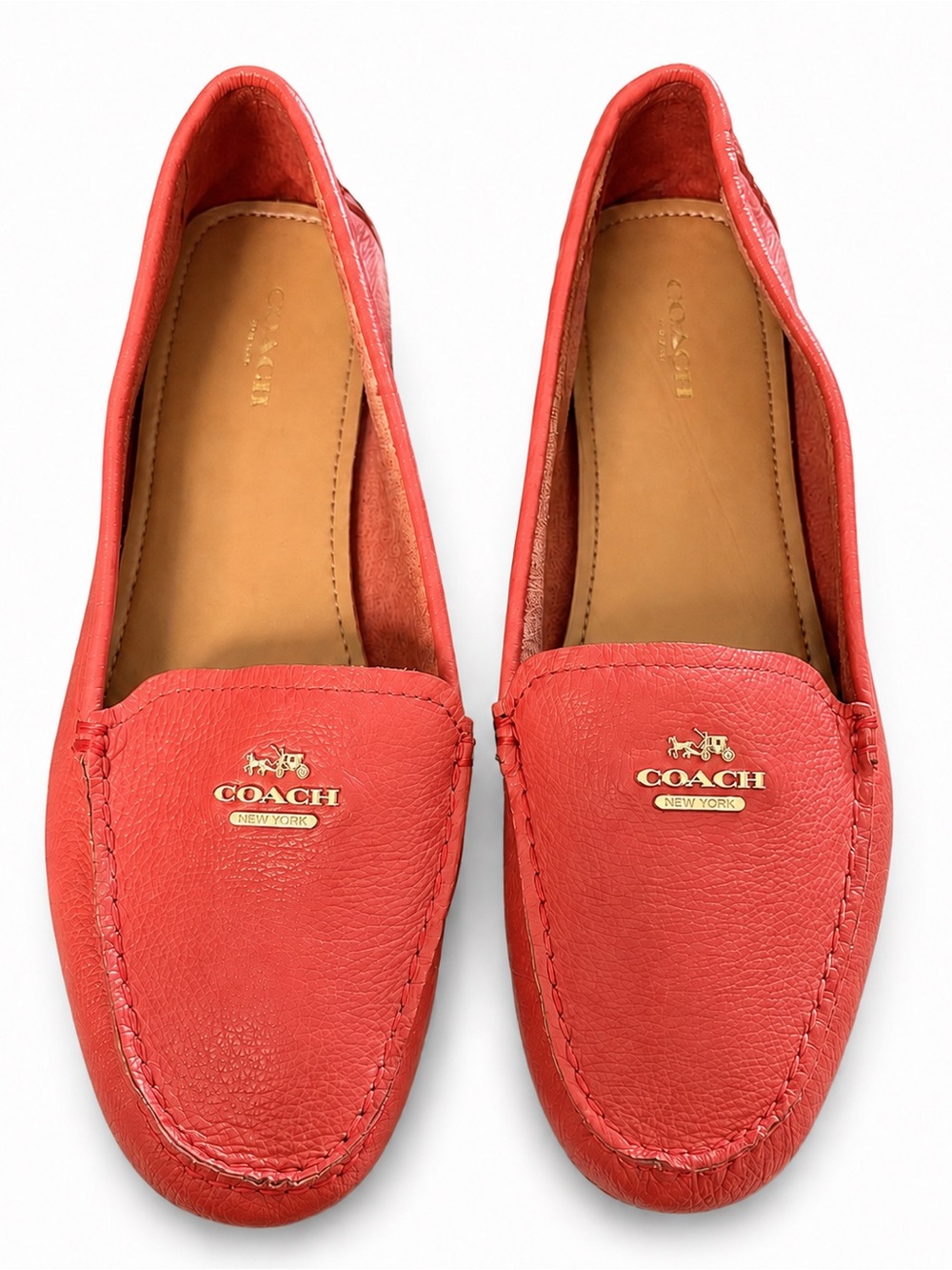 Coach Women's Coral Red Leather Slip-On Loafers with Gold Logo